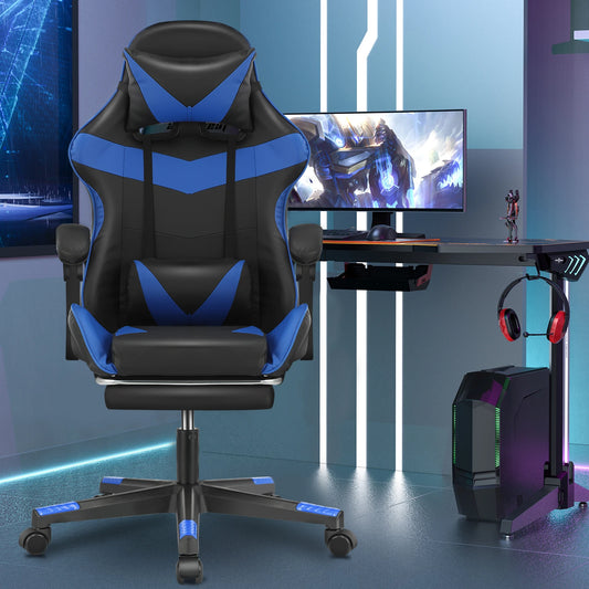 Gaming Massage Chair, Computer Chair + Footrest and Lumbar Support, Height Adjustable Gaming Chair + 360°-Swivel Seat + Headrest