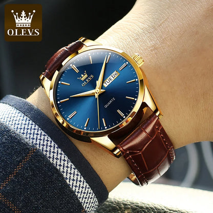 OLEVS-kwartshorloge voor heren – Luxe en elegante stijl, leren band, datum- en dagweergave, waterdicht, ideaal voor op het werk