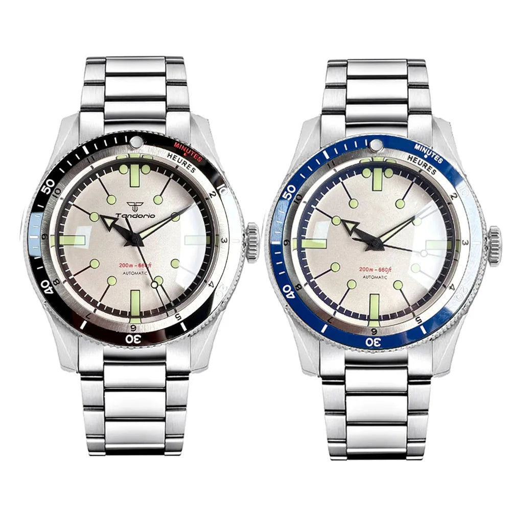 Tandorio NH35A PT5000 Mechanical Mens Watch 20BAR Waterproof Sapphire Luminous Red Black Dial Stainless Steel Bracelet New Clock