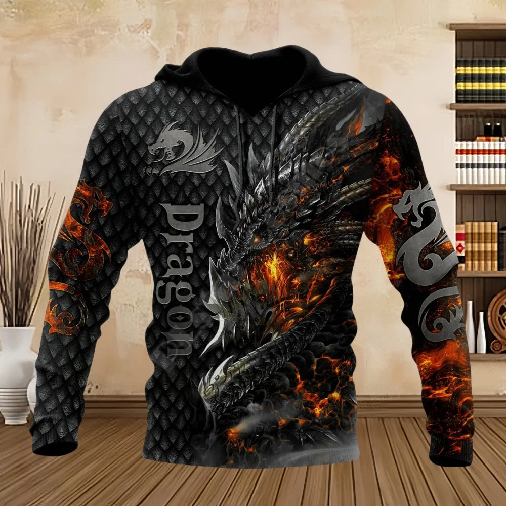 Sweatshirts med tatoveringsdrage, forår og efterår, 3D-print, hættetrøjer til mænd, langærmede unisex streetwear-sweatshirts, casual sweatshirts til mænd