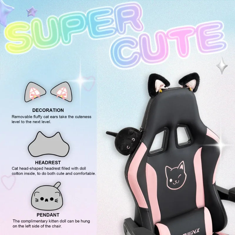 Silla gaming cute con orejas de gato, reposapiés rosa kawaii, silla de ordenador ergonómica de respaldo alto para gamers con soporte lumbar de pata de gato
