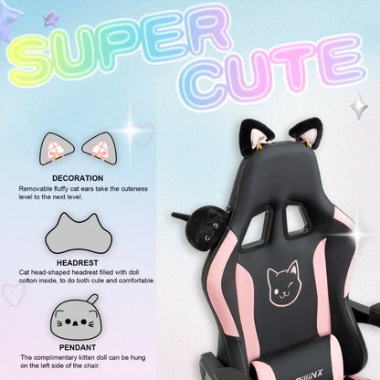 Silla gaming cute con orejas de gato, reposapiés rosa kawaii, silla de ordenador ergonómica de respaldo alto para gamers con soporte lumbar de pata de gato