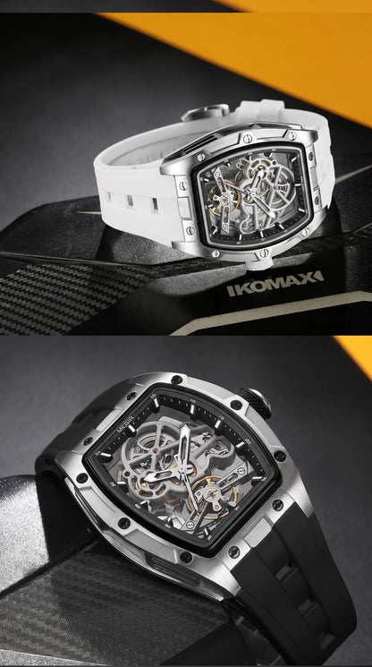 Relógio mecânico para homem MEGIR, formato de barril, mostrador esqueletizado com aberturas, estilo desportivo, bracelete em silicone, relógio automático de luxo