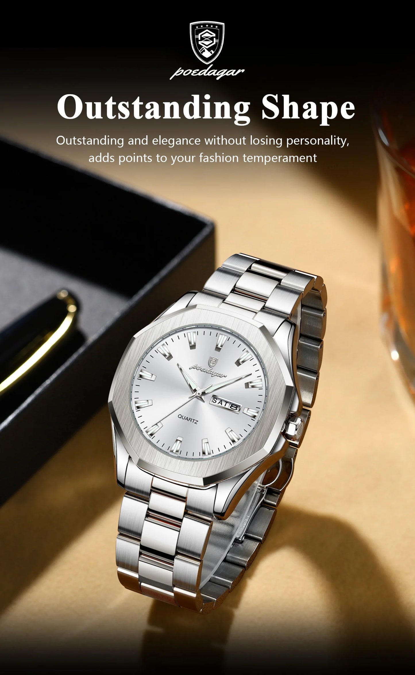 POEDAGAR Luxury Men Wristwatch Waterproof Luminous Week Date Casual Man Clock Stainless Steel Quartz Fashion Men's Watches Reloj