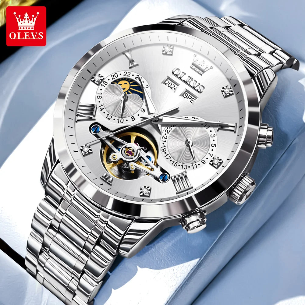 OLEVS Men's Watches - Moon Phase Hollow Flywheel Exclusive Original Automatic Mechanical Watches For Men Luxury Man Watch New 7029