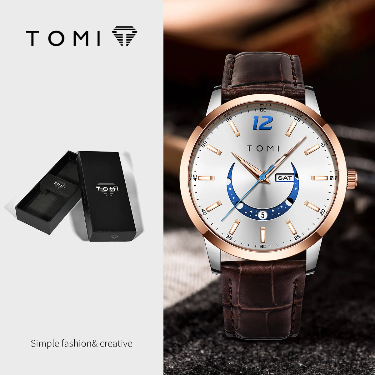 Ceas cu cuarț TOMI, stil business și elegant, cu brățară din piele, carcasă din aliaj și cadran cu ace – Design de înaltă calitate, idee de cadou pentru bărbați