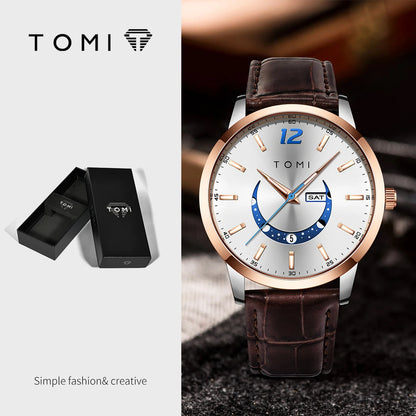 Ceas cu cuarț TOMI, stil business și elegant, cu brățară din piele, carcasă din aliaj și cadran cu ace – Design de înaltă calitate, idee de cadou pentru bărbați