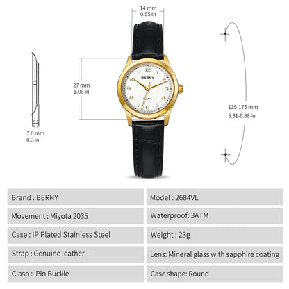BERNY Gold Watch for Women Luxury Ladies Fashion Quartz Wristwatch Elegant Gradient Dial Multiple Scenarios Matching Lady Watch