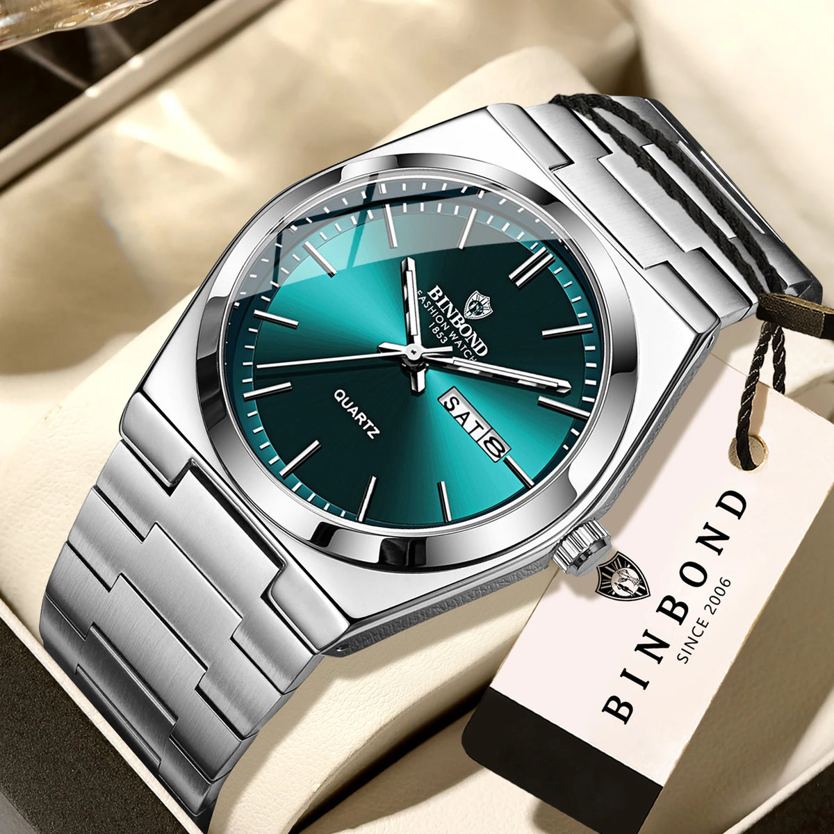 Relógio de pulso de luxo BINBOND com movimento de quartzo, luminoso, estanque, com indicação do dia da semana e data automática, bracelete em aço, estilo empresarial, desportivo, moderno e casual.