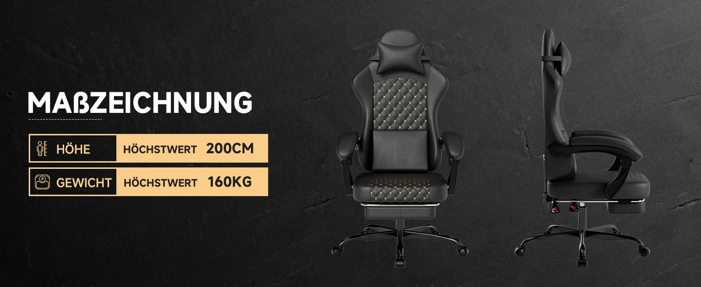 Sedia da gaming ergonomica PINGGO con poggiapiedi e massaggio, in pelle PVC, sedia da ufficio per gaming su PC, portata 150kg