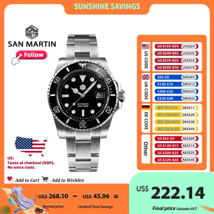 San Martin Watch New Upgraded Sub Men PT5000 ST2130 Automatic Diving Watches with Ceramic Bezel 200m Waterproof Sapphire SN0017G
