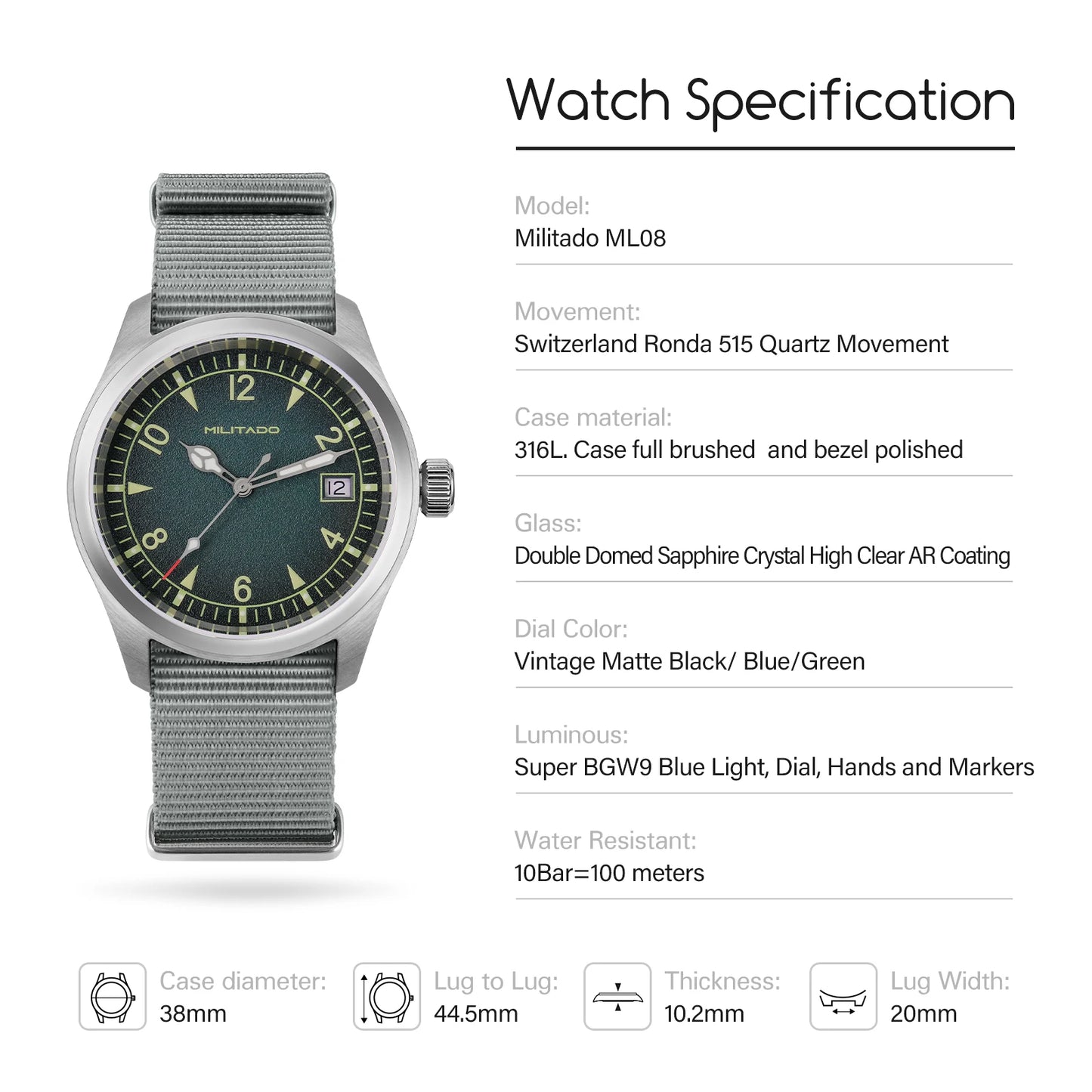 Militado  ML18 36mm Men Watch VH31 Quartz Movement Watches Luminous Sapphire Double Domed Crystal Waterproof Vintage Wristwatch