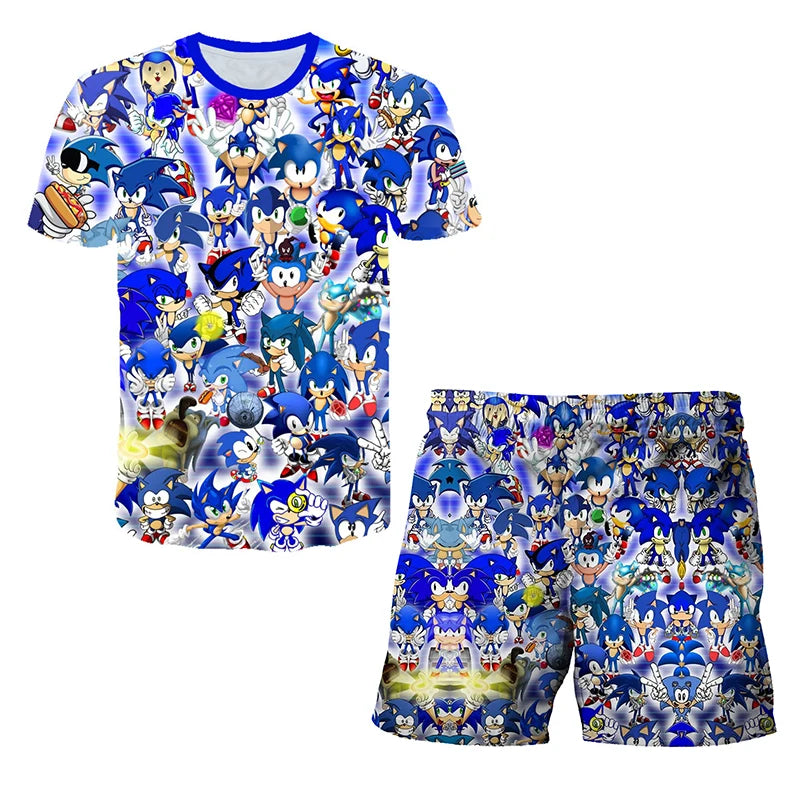 2026 Sonic The Hedgehog 3D T-shirt Set for Boys and Girls: Cute Summer Top + Shorts - Children's Short-Sleeve Birthday Gift
