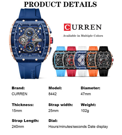 CURREN Men’s Luxury Square Quartz Chronograph Watch Waterproof, Luminous Dial & Date Display