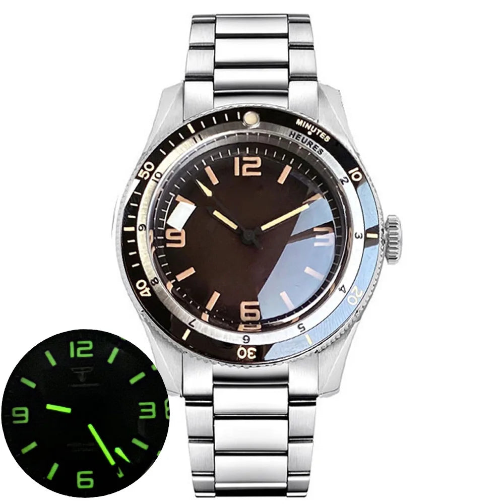 Tandorio NH35A PT5000 Mechanical Mens Watch 20BAR Waterproof Sapphire Luminous Red Black Dial Stainless Steel Bracelet New Clock