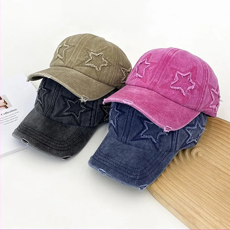 Casquette de baseball en coton délavé pour femme, motif étoile à cinq branches, style urbain « Dad Hat »