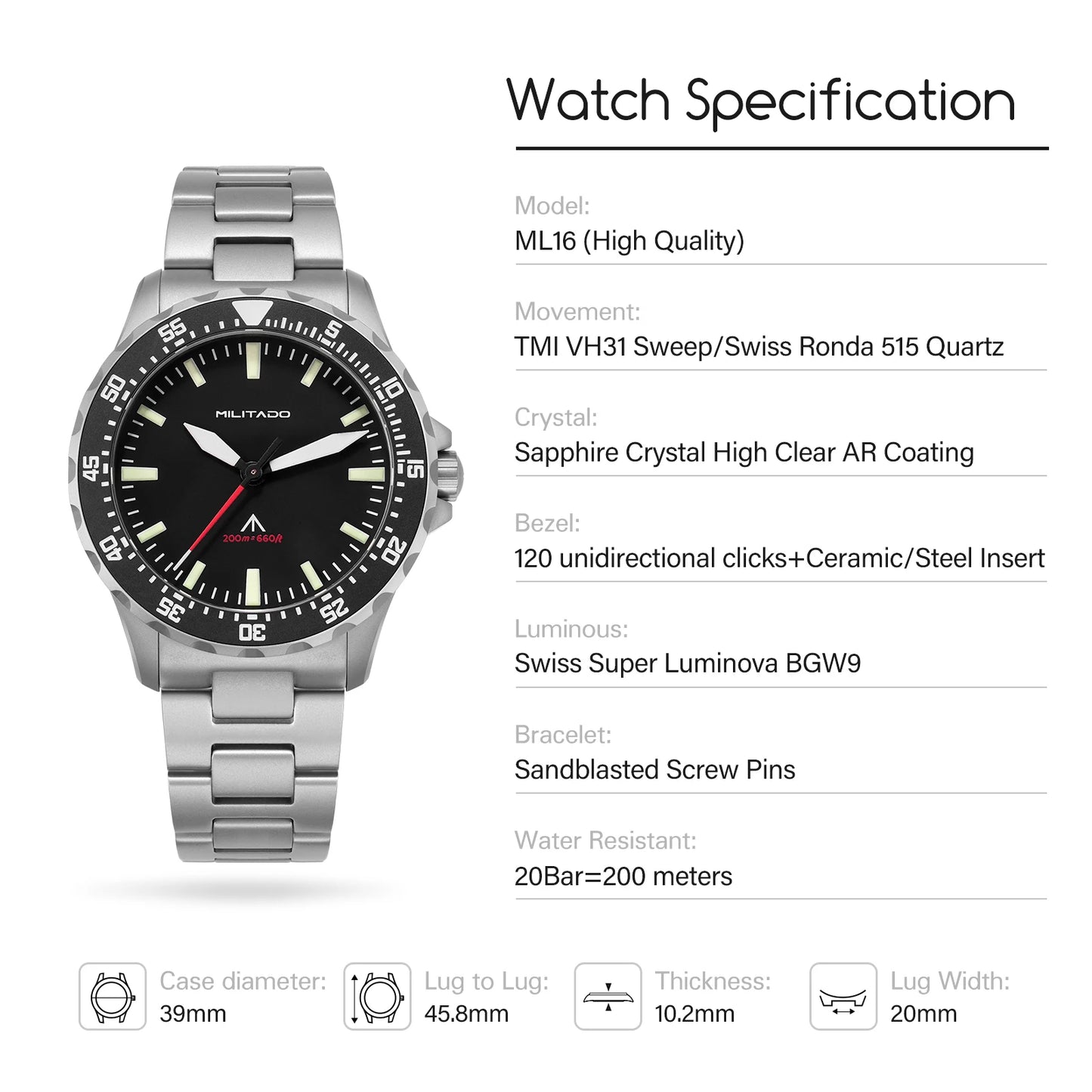 Militado ML16 Quartz Watch VH31 Sweep Movement Sapphire Super Luminova Watches Stainless Steel 200m Waterproof Wristwatch