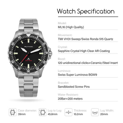 Militado ML16 Quartz Watch VH31 Sweep Movement Sapphire Super Luminova Watches Stainless Steel 200m Waterproof Wristwatch