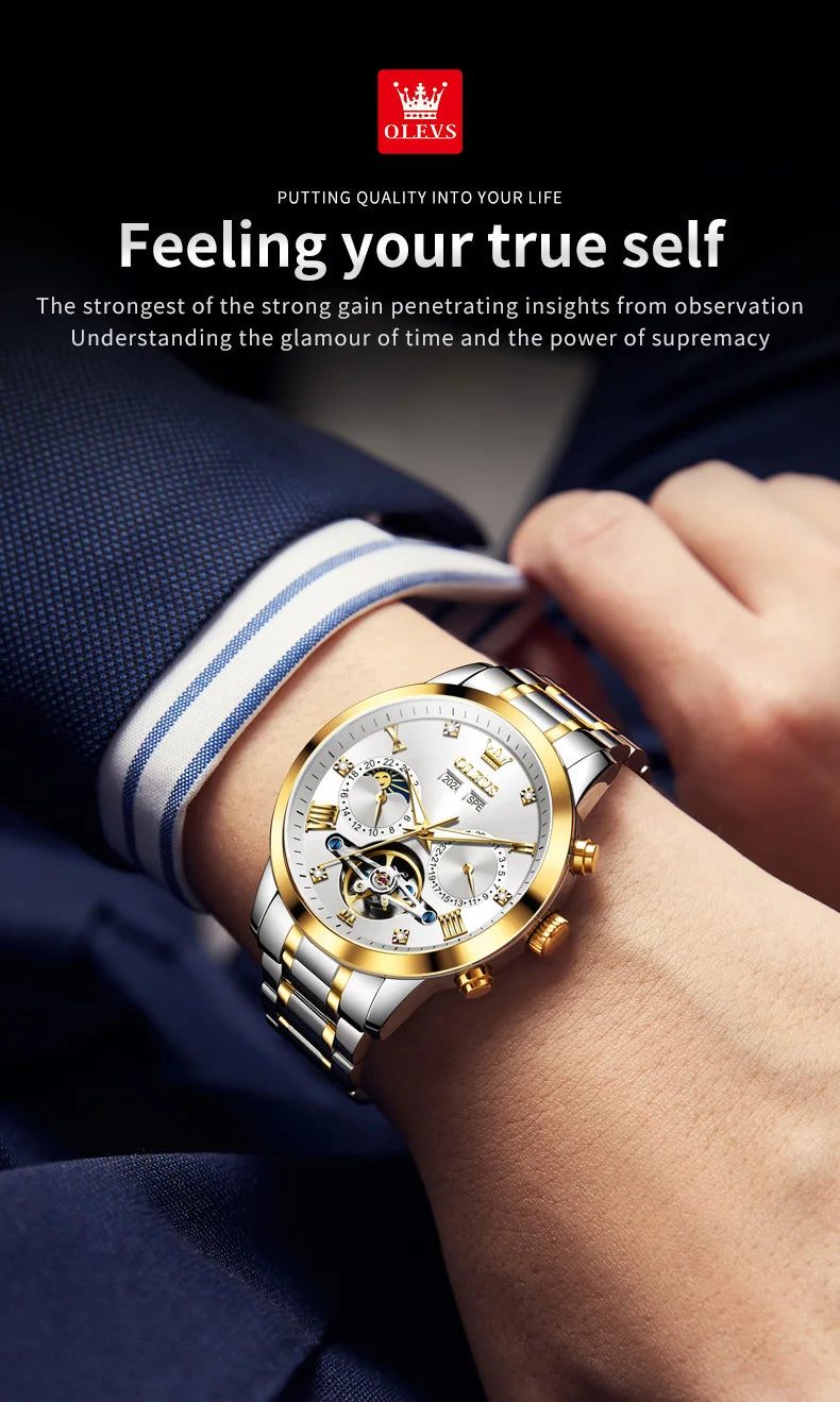 OLEVS Men's Watches - Moon Phase Hollow Flywheel Exclusive Original Automatic Mechanical Watches For Men Luxury Man Watch New 7029