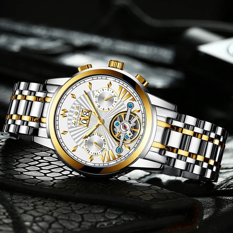 Relógios de pulso mecânicos automáticos para homem LIGE – Relógio de luxo de gama alta com turbilhão, modelo elegante e estanque, ideal para o trabalho ou ocasiões formais.