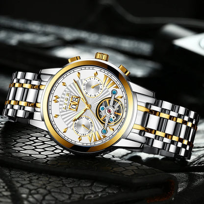 Relógios de pulso mecânicos automáticos para homem LIGE – Relógio de luxo de gama alta com turbilhão, modelo elegante e estanque, ideal para o trabalho ou ocasiões formais.