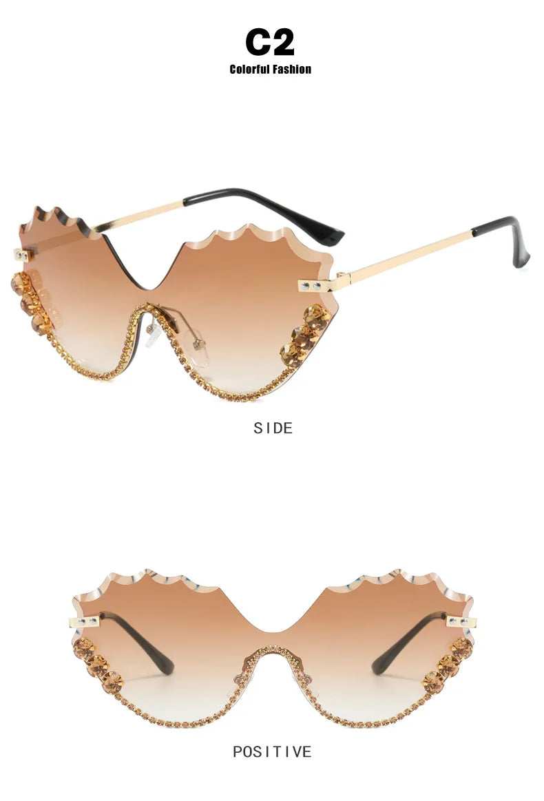 Fashion Luxury Brand Design Diamond Wave Rimless Women Sunglasses Hip Hop Eyewear Outdoor Glasses Unisex Shades Glasses UV400