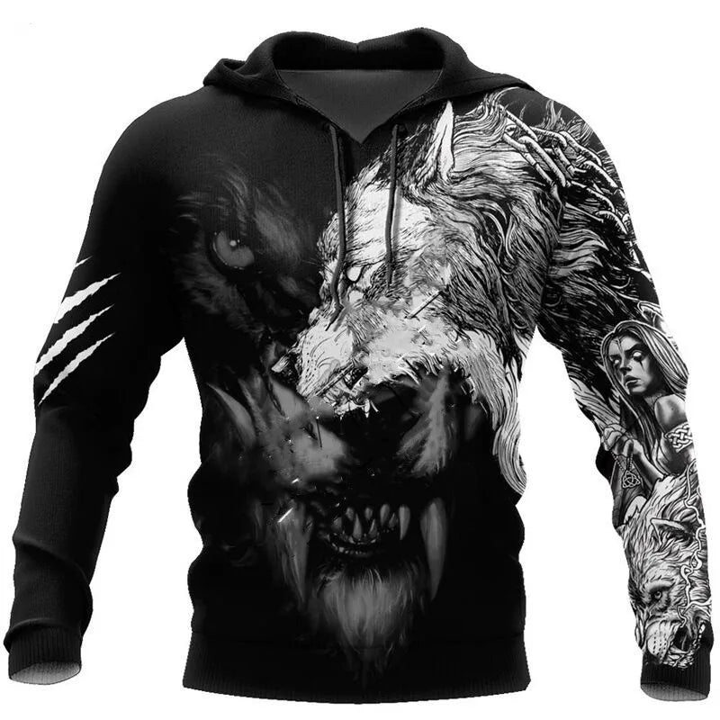 Modna jesenska kapuca z motivom leva in volka, bela tigrska koža, 3D-potisk po celotni površini, moška majica z dolgimi rokavi, unisex pulover, casual jakna