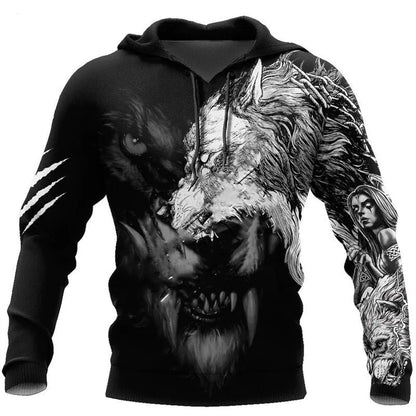 Modna jesenska kapuca z motivom leva in volka, bela tigrska koža, 3D-potisk po celotni površini, moška majica z dolgimi rokavi, unisex pulover, casual jakna