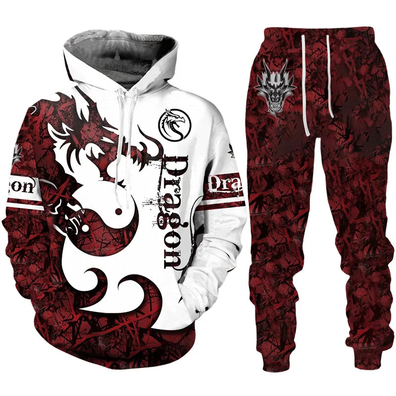 Dres z nadrukiem 3D Retro Dragon Tattoo dla mężczyzn i kobiet, casualowy zestaw z bluzą z kapturem + spodnie, 2 części, oversize, modna odzież męska