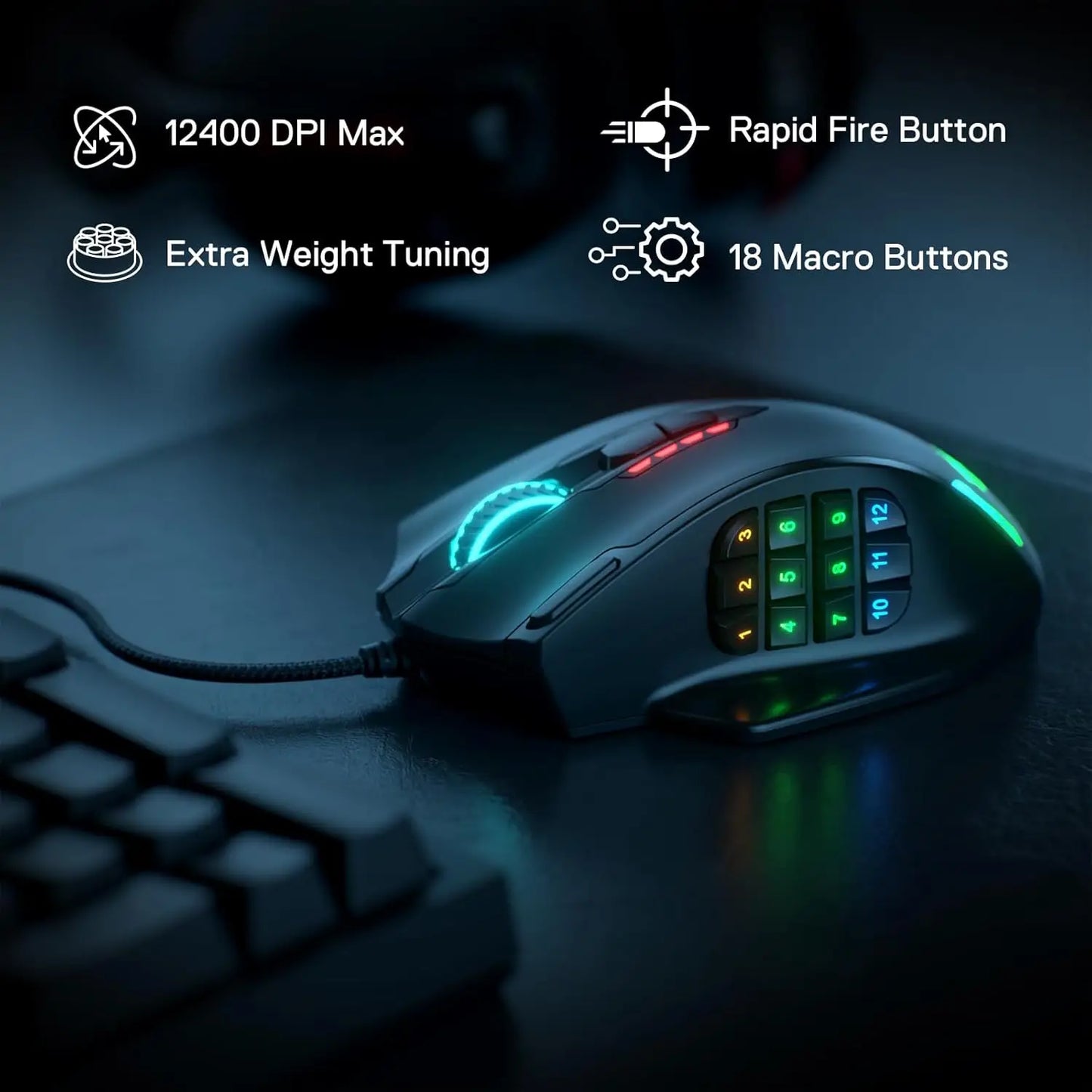 Redragon M908 RGB-Hintergrundbeleuchtung LED USB-kabelgebundene Gaming-Maus 18 programmierbare Maustasten 12400 DPI