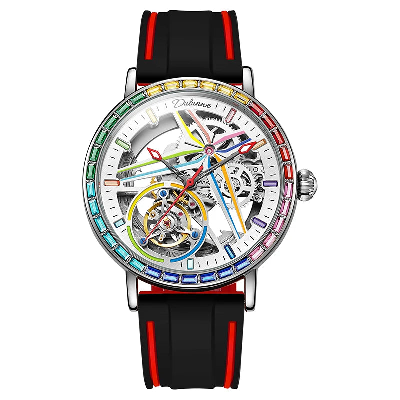 Skelethorloge voor heren, modieuze stijl, versierd met edelstenen in de kleuren van de regenboog, voorzien van een tourbillon; luxe mechanisch automatisch horloge, waterdicht tot 30 meter.