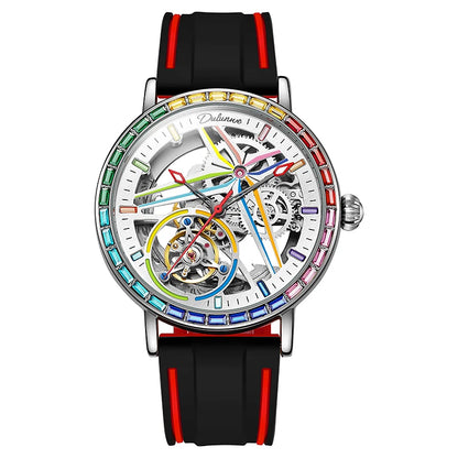 Skelethorloge voor heren, modieuze stijl, versierd met edelstenen in de kleuren van de regenboog, voorzien van een tourbillon; luxe mechanisch automatisch horloge, waterdicht tot 30 meter.