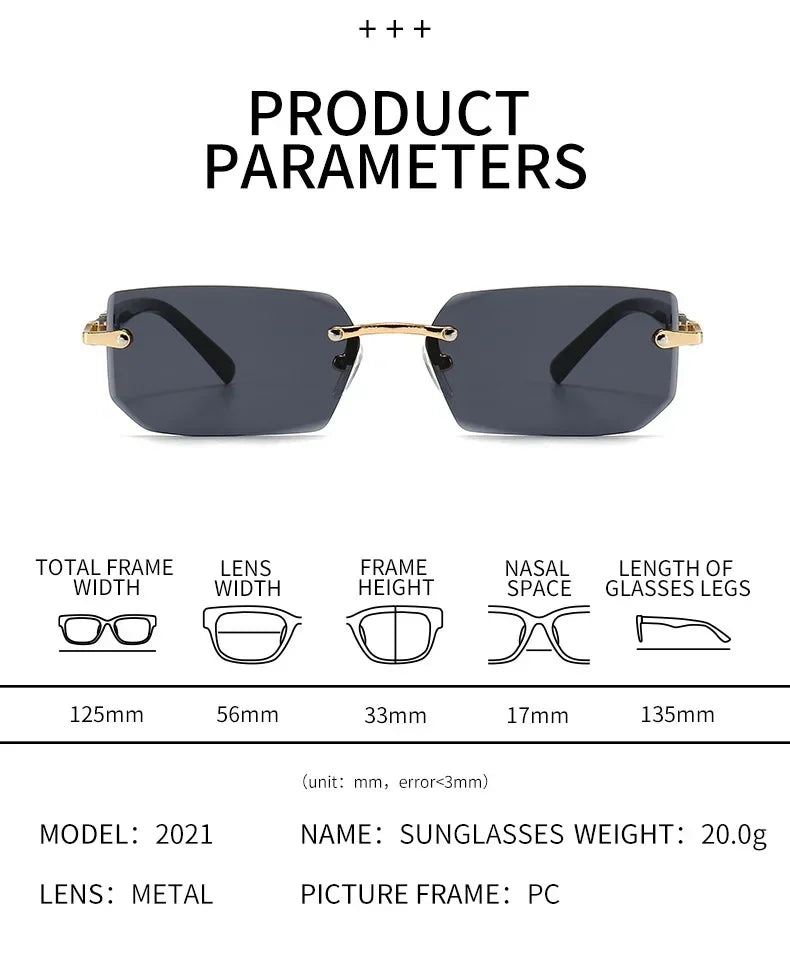 Rimless Sunglasses Rectangle Fashion Popular Women Men Shades Small Square Sun Glasses for Female Male Summer Traveling Oculos