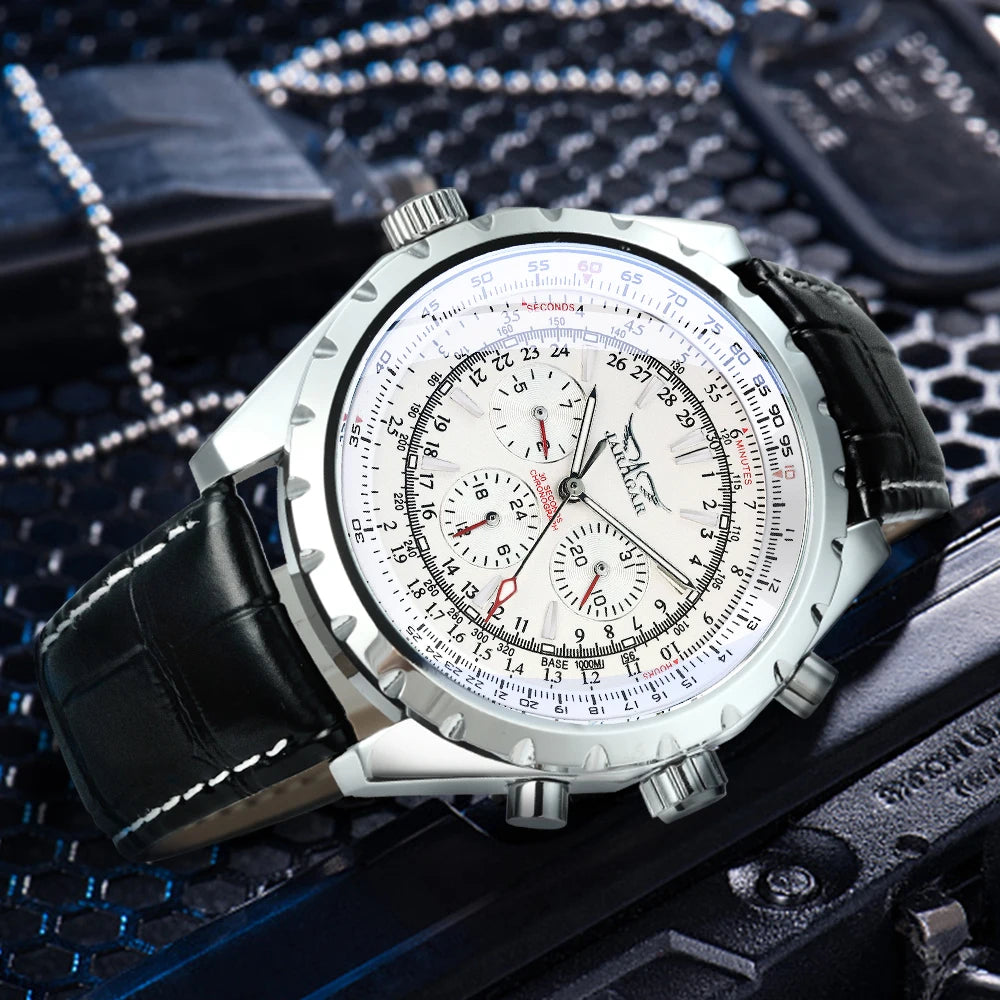 JARAGAR Men’s Luxury Automatic Mechanical Watch  Military Sport Design, Multifunction Dial & Leather Strap