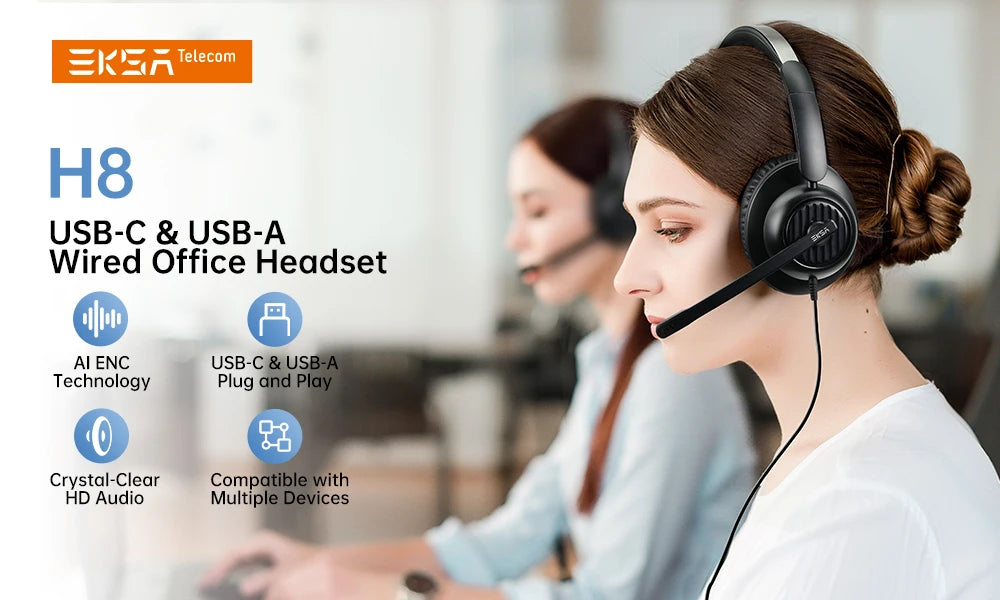 EKSA H8 Professional Office Headset with ENC Noise Cancelling Microphone – USB-A, USB-C & 3.5mm Wired Headphones for PC, Laptop & Mobile Phone