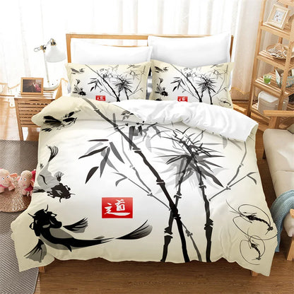 Juego de funda nórdica con pintura de bambú, ropa de cama de estilo chino, conjunto juvenil de lino para cama Queen Size, funda para edredón, ropa de cama de moda