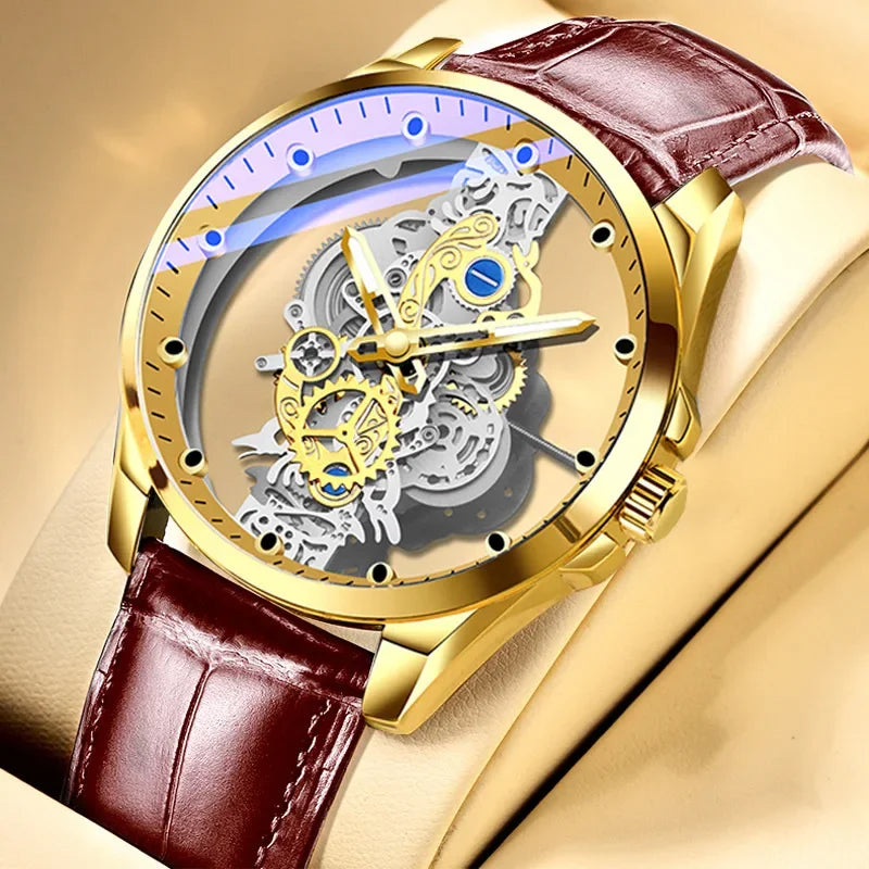 Madingi vyriški laikrodžiai, modelis su dvigubu atidarymu, prabangus auksinis stilius, mechaninio turbiliono imitacija, kvarcinis mechanizmas.