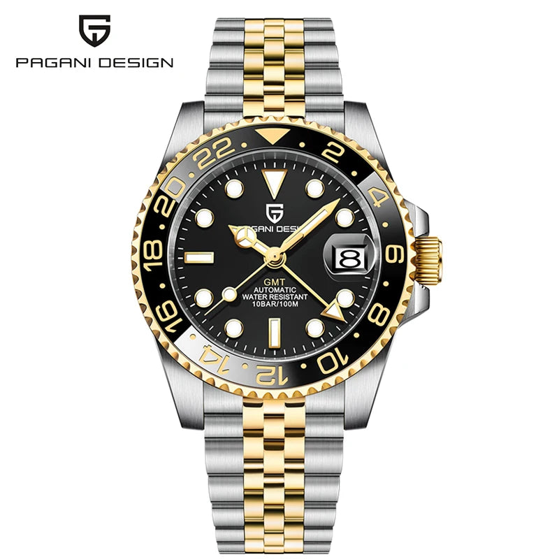 PAGANI DESIGN 40MM GMT Reloj para hombre de lujo con cristal de zafiro AR, reloj mecánico con bisel cerámico, automático, resistente al agua 100M, reloj de regalo