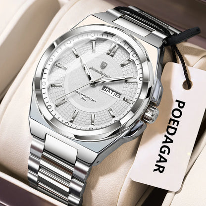 Montre-bracelet de luxe POEDAGAR Sport Original pour homme, à quartz, avec date et jour de semaine, étanche et lumineuse, en acier inoxydable.