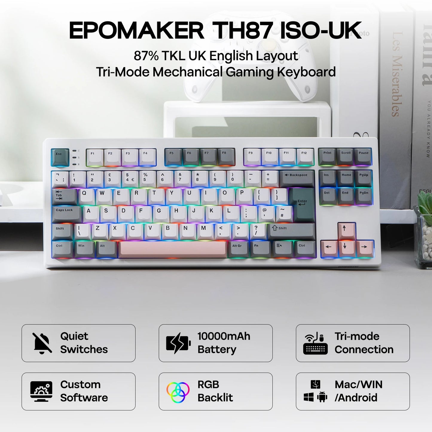 Teclado mecánico EPOMAKER TH87 con distribución ISO-UK TKL, con cable/BT/inalámbrico 2.4Ghz, NKRO, batería de 10000mAh y luz RGB