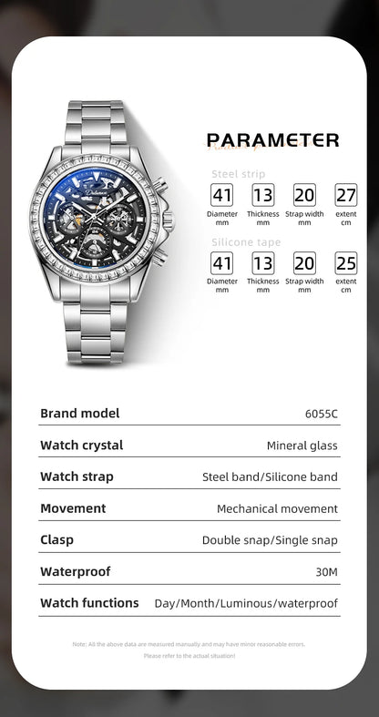 Diamond Bezel Stainless Steel Automatic Watch Fashion Mulitfunction Waterproof Luminous Mechanical Watches for Men