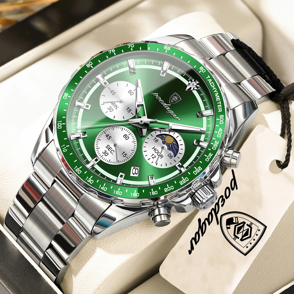 Montre homme POEDAGAR de luxe, élégante et étanche, chronographe à quartz avec date, style classique et lumineux.