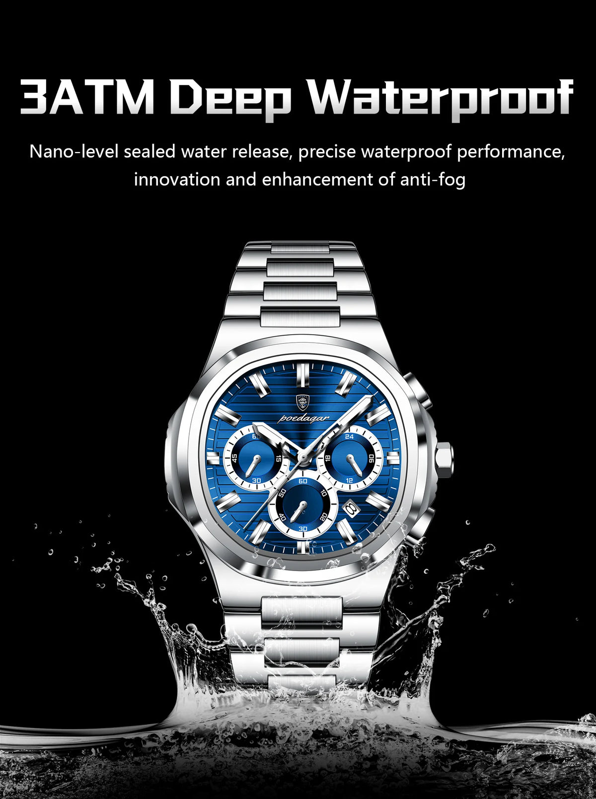 POEDAGAR Men’s Luxury Stainless Steel Quartz Watch  Waterproof Chronograph with Luminous Dial & Date