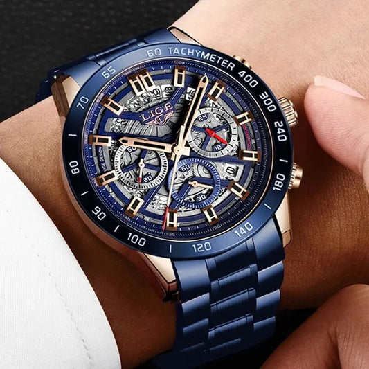 LIGE Men’s Watch – Luxury watch from a leading brand, openwork design, quartz chronograph, water-resistant and sporty