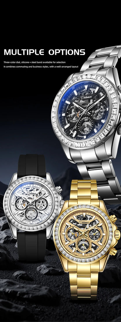 Diamond Bezel Stainless Steel Automatic Watch Fashion Mulitfunction Waterproof Luminous Mechanical Watches for Men
