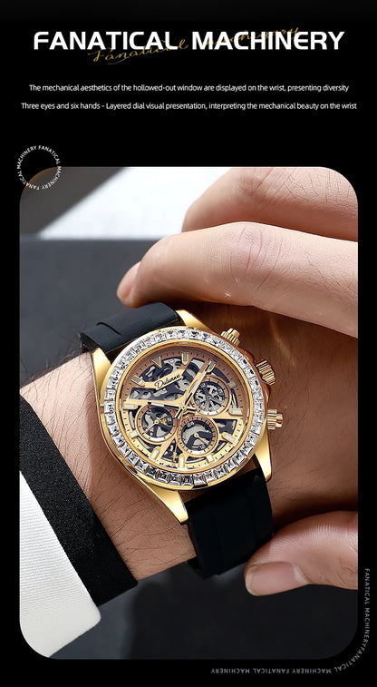 Diamond Bezel Stainless Steel Automatic Watch Fashion Mulitfunction Waterproof Luminous Mechanical Watches for Men