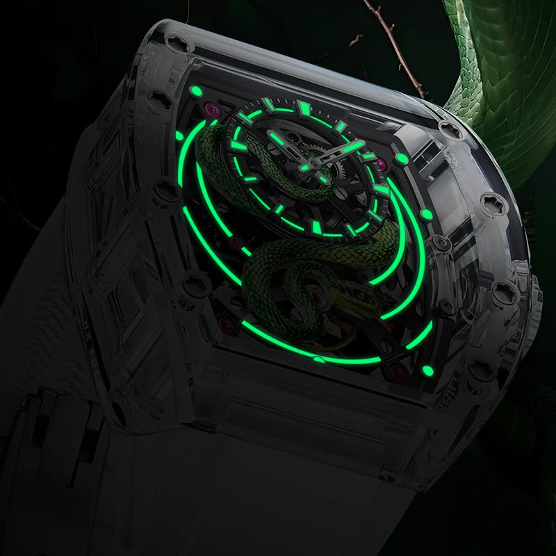 BONEST GATTI Men's Mechanical Watch Sapphire Crystal Double-Sided Hollow Out Luminous 30M Waterproof Snake Pattern Dial Wristwatch