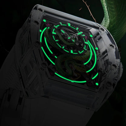 BONEST GATTI Men's Mechanical Watch Sapphire Crystal Double-Sided Hollow Out Luminous 30M Waterproof Snake Pattern Dial Wristwatch