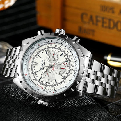 JARAGAR Men’s Luxury Automatic Mechanical Watch  Military Sport Design, Multifunction Dial & Leather Strap