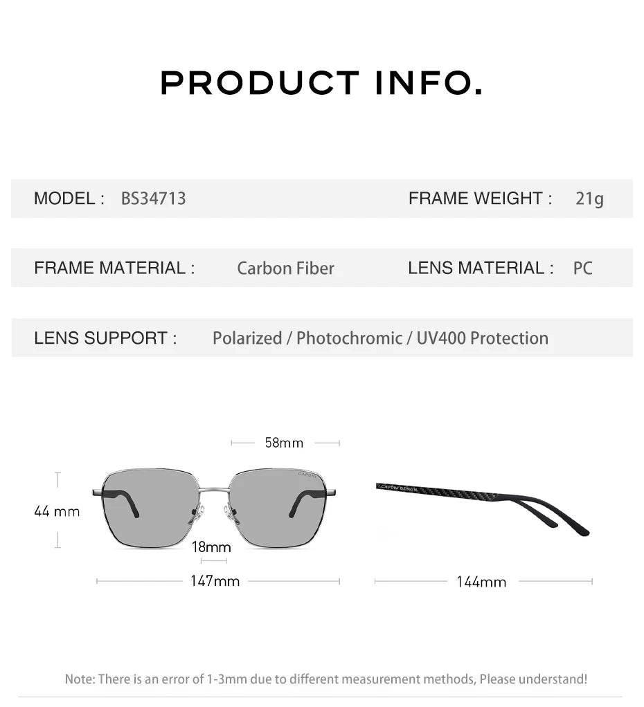 CAPONI Polarized Sun Glasses For Men Light Carbon Fiber Photochromic Black Shades Driving UV420 Oil-proof Lenses Eyewear BS34713
